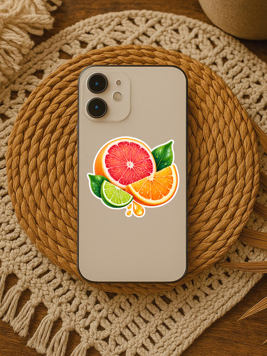 Cool Citrus Burst Vinyl Sticker sticker displayed on a phone