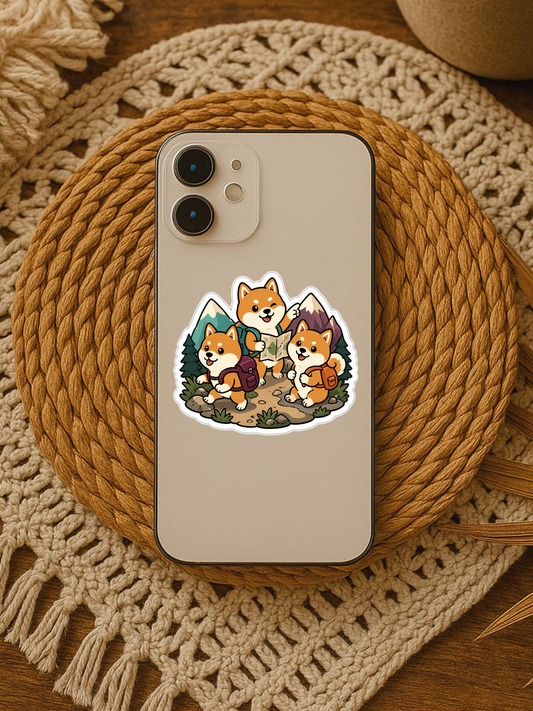 Adventure Shibas - Wearing Tiny Backpacks Vinyl Sticker vinyl sticker on a phone