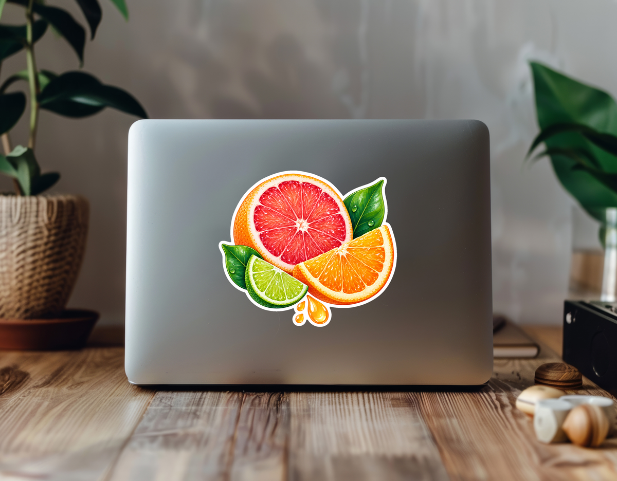 Cool Citrus Burst Vinyl Sticker sticker displayed on a laptop in a plant-filled workspace