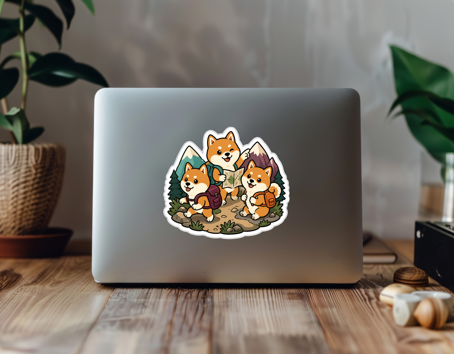 Adventure Shibas - Wearing Tiny Backpacks Vinyl Sticker sticker on a laptop in a plant-filled workspace