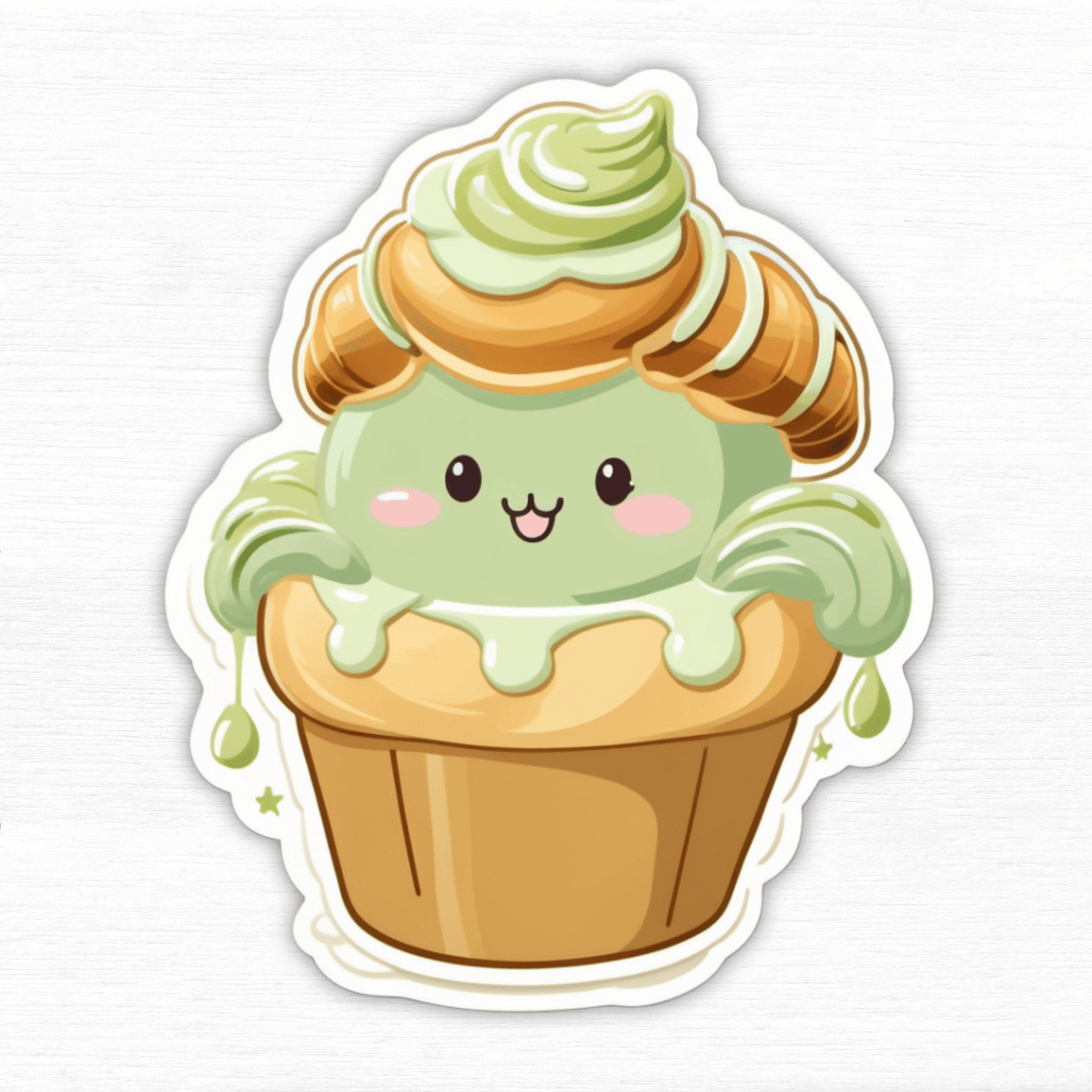 Matcha Croissant Cupcake Sticker featuring a cute cupcake with matcha frosting and croissant topping.