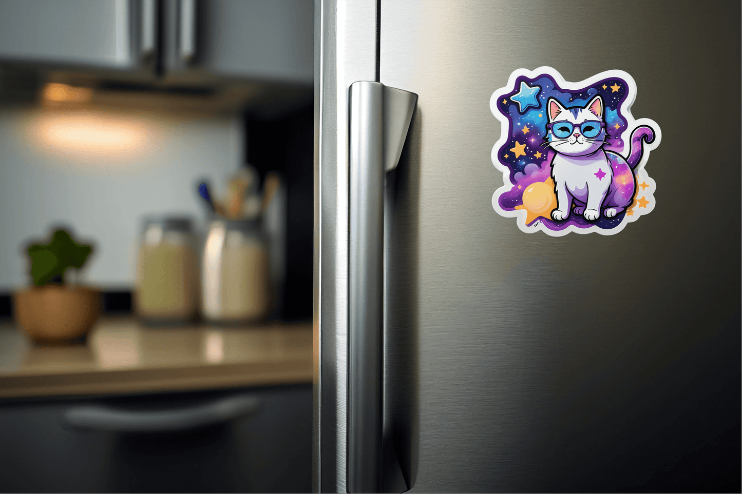 Dream Big Galaxy Cat Vinyl Sticker on a refrigerator, showcasing a colorful cat design in space.