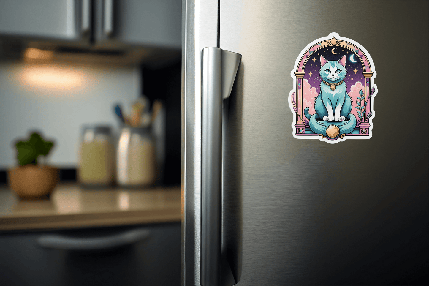 Nova Dreams Tarot Cat - Artistique Vinyl Sticker on a refrigerator showcasing mystical art design.