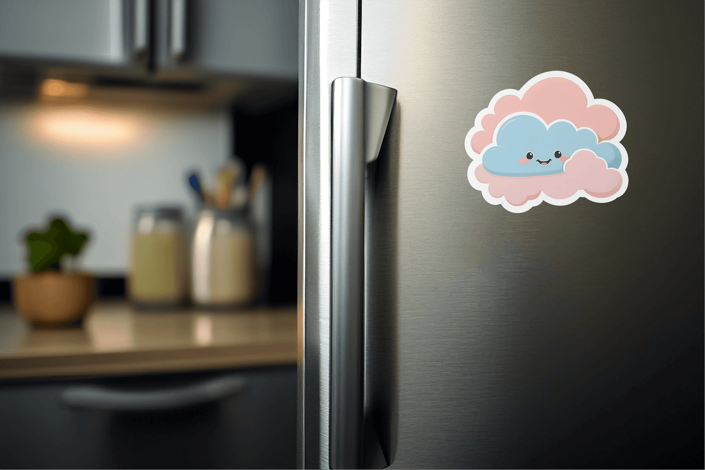 Soothing Anxiety Calm Cloud Sticker on a refrigerator door in a kitchen setting.