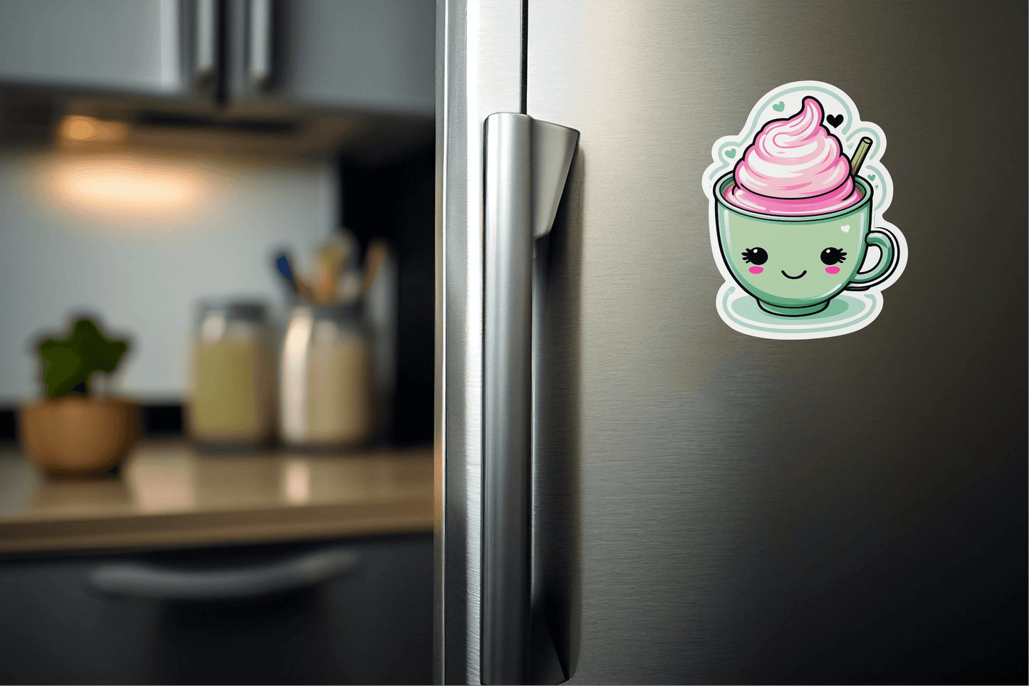 Sassy Matcha Therapy Sticker on a fridge, featuring a cute green tea cup design with pink swirled cream.