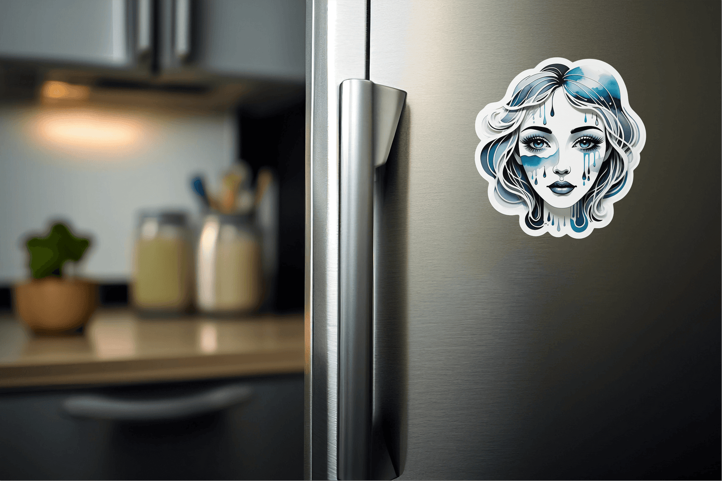 Liquid Dreams Abstract Face Vinyl Sticker on a refrigerator door, showcasing colorful art and design.