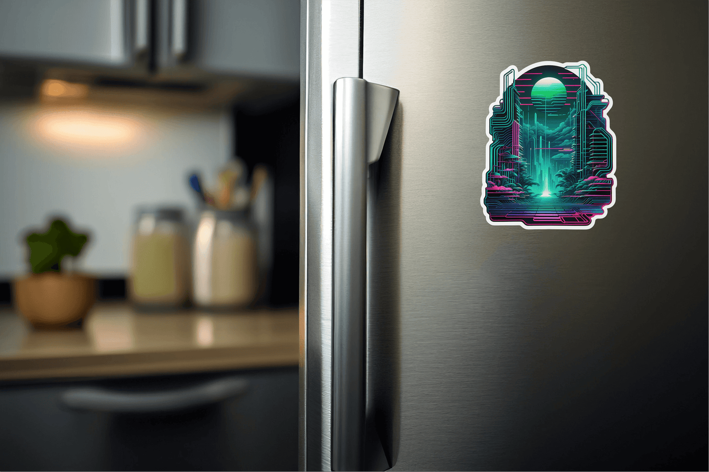 NFT Coded Reality – Glitch Tech Layers Sticker on a refrigerator, showcasing vibrant design.