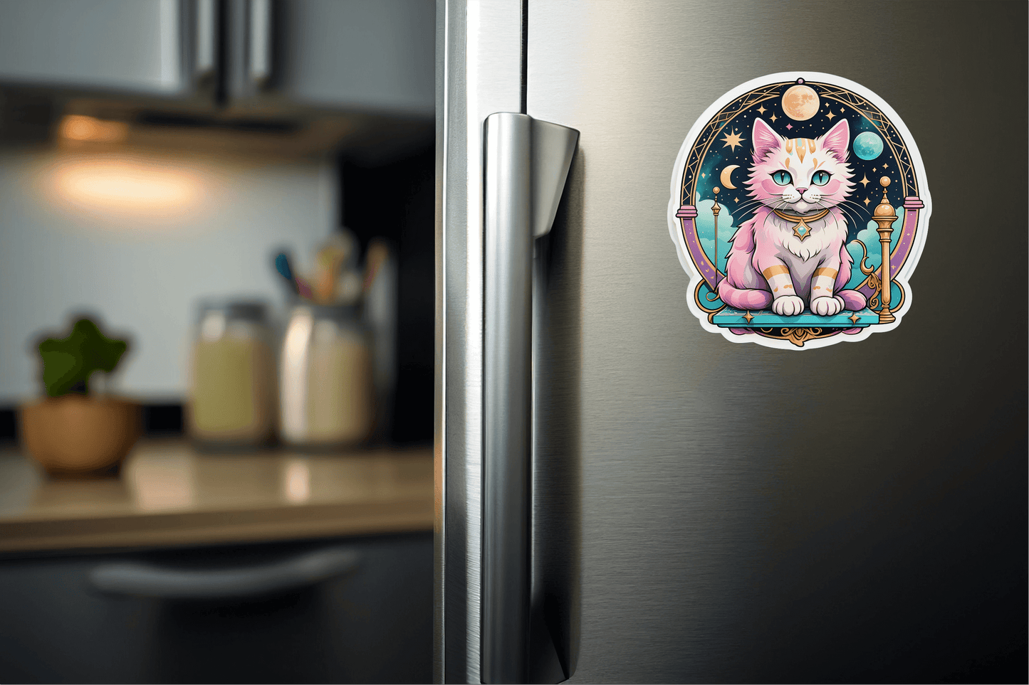 Nova Dreams Tarot Cat vinyl sticker on a fridge showcasing a colorful cat design with mystical elements.