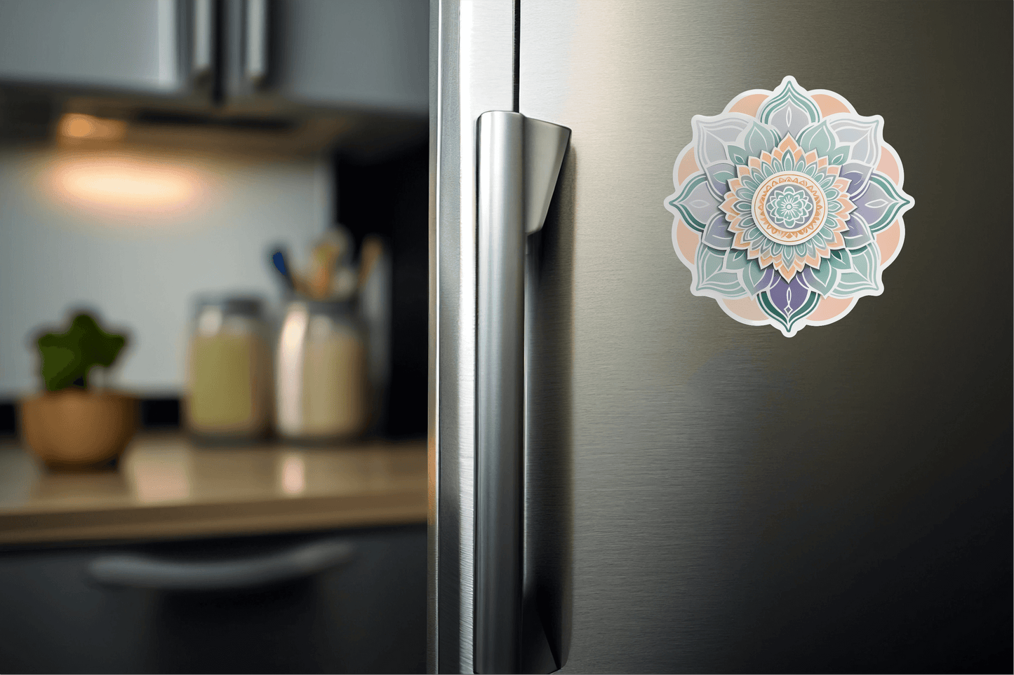 Slow Down Spiral: Mindfulness Mandala Vinyl Sticker on a refrigerator door, adding a decorative touch.