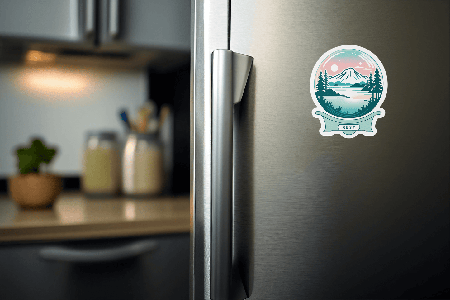 Calm Mind Club - Certified Rest Sticker on a silver fridge, adding a colorful design to the kitchen decor.