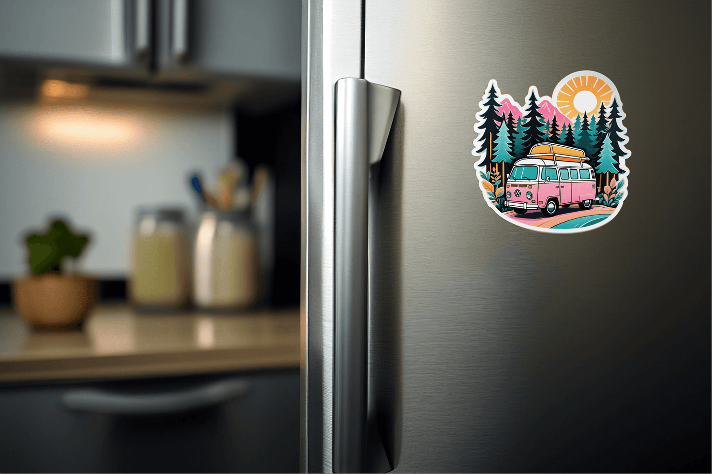 Chill Vanlife Sticker on a refrigerator showcasing a colorful van design with trees and sun.