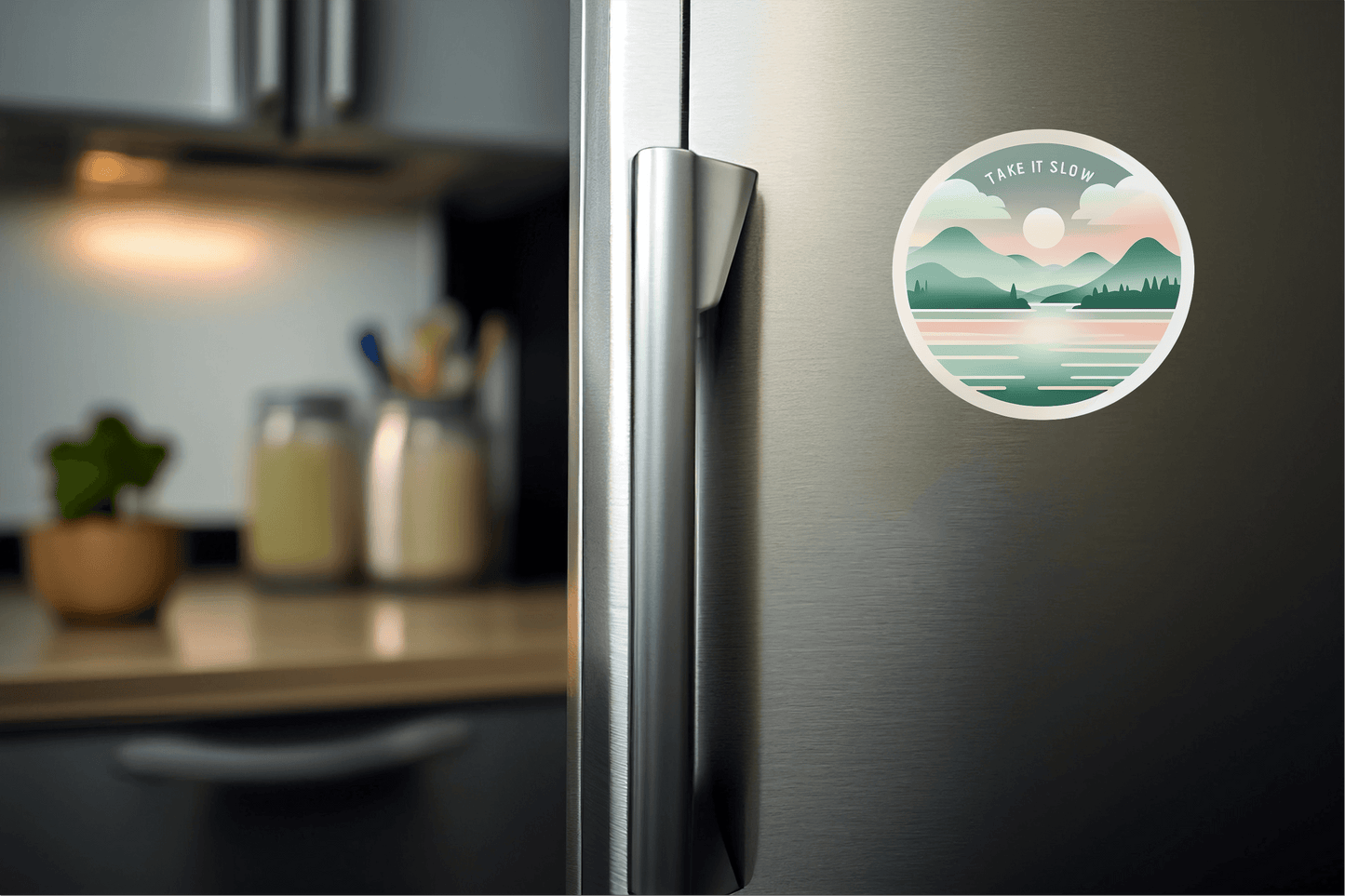 Calming Flow Affirmation Vinyl Sticker on a fridge with a serene landscape design and calming colors.