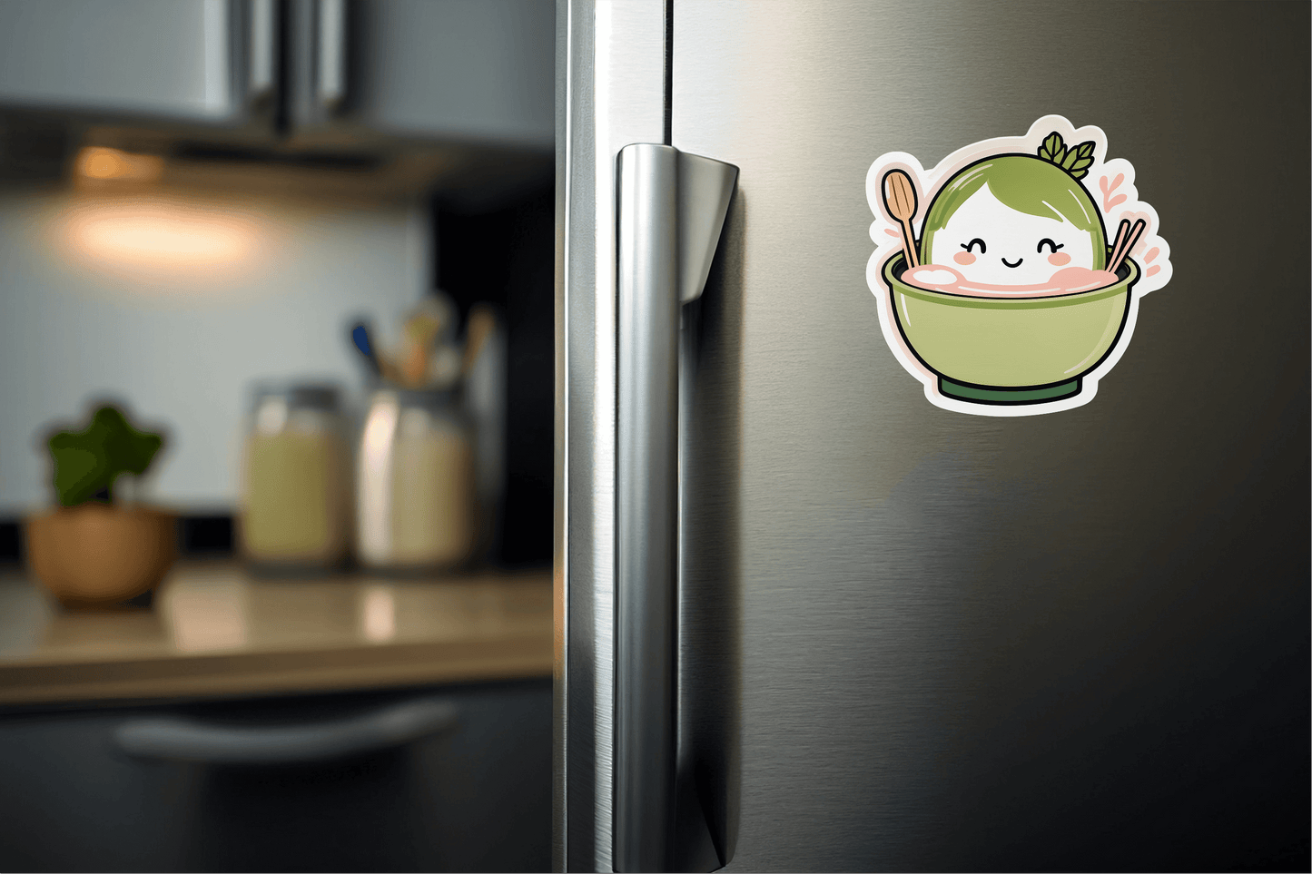 Whimsical Matcha Mood Bowl Vinyl Sticker on a refrigerator, adding colorful decoration to the kitchen.