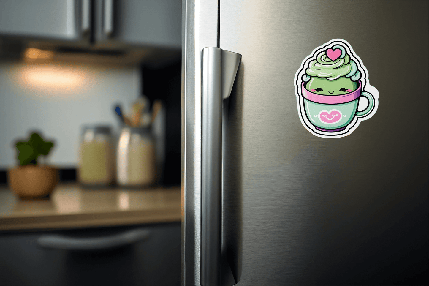 Sassy Matcha Therapy Sticker on a refrigerator showcasing vibrant tea cup art design.