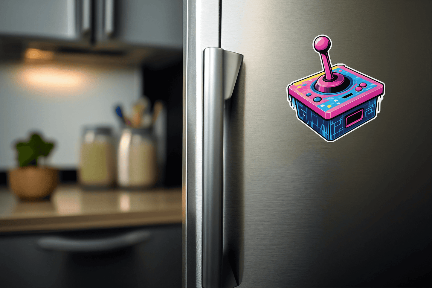 Retro PX Controller: vibrant arcade joystick sticker on a refrigerator, showcasing retro gaming style.