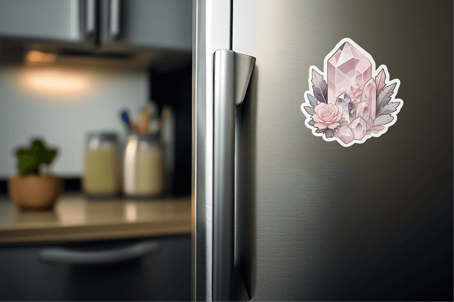 Soothing Quartz Mind Therapy Sticker on a fridge, showcasing its colorful design and premium vinyl quality.