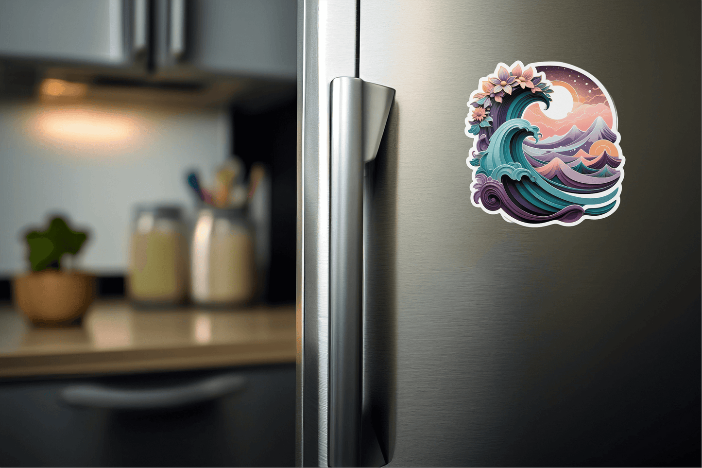 Cosmic Dreamwave Abstract Sticker displayed on a refrigerator door in a modern kitchen setting.
