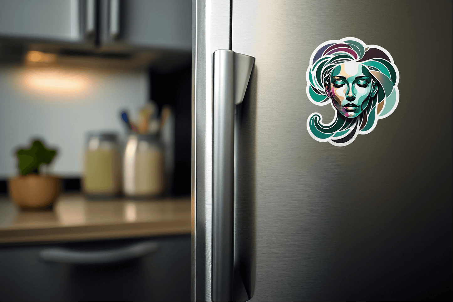 Ink Shift Abstract Face vinyl sticker on a modern refrigerator, adding artistic flair to kitchen decor.