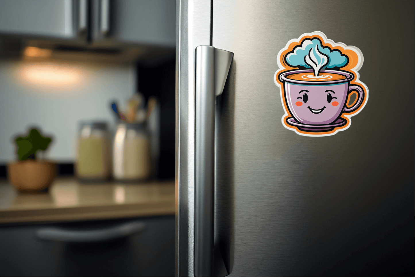 Coffee Vibes Only – Retro Coffee Cup Sticker on a refrigerator door in a modern kitchen.