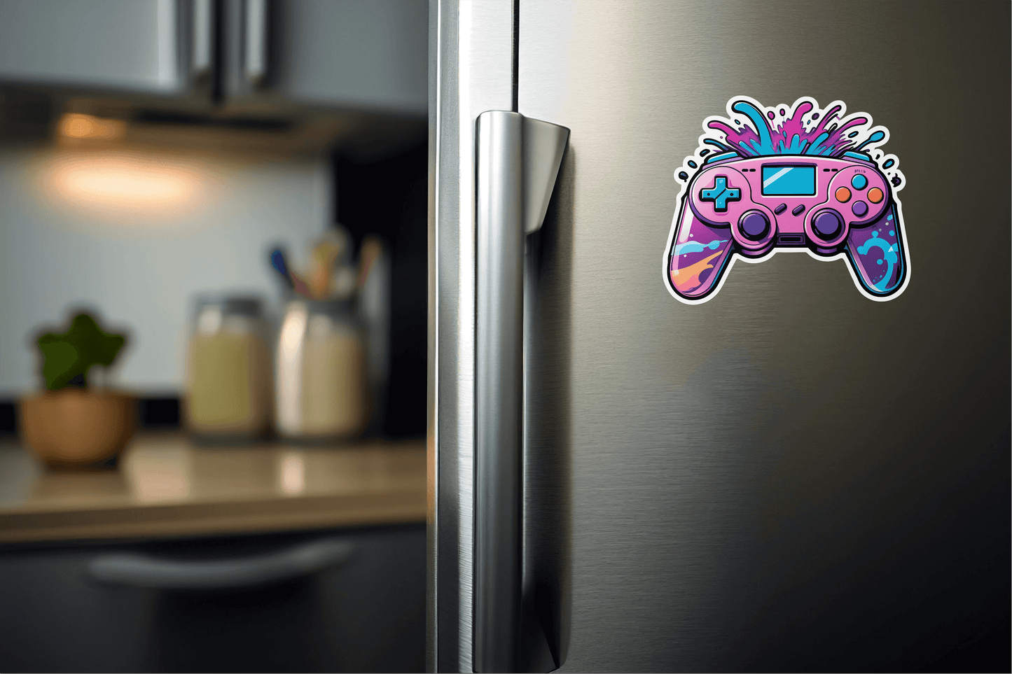 Game Time Energy Anime Controller Sticker on a refrigerator, showcasing a colorful gaming design.