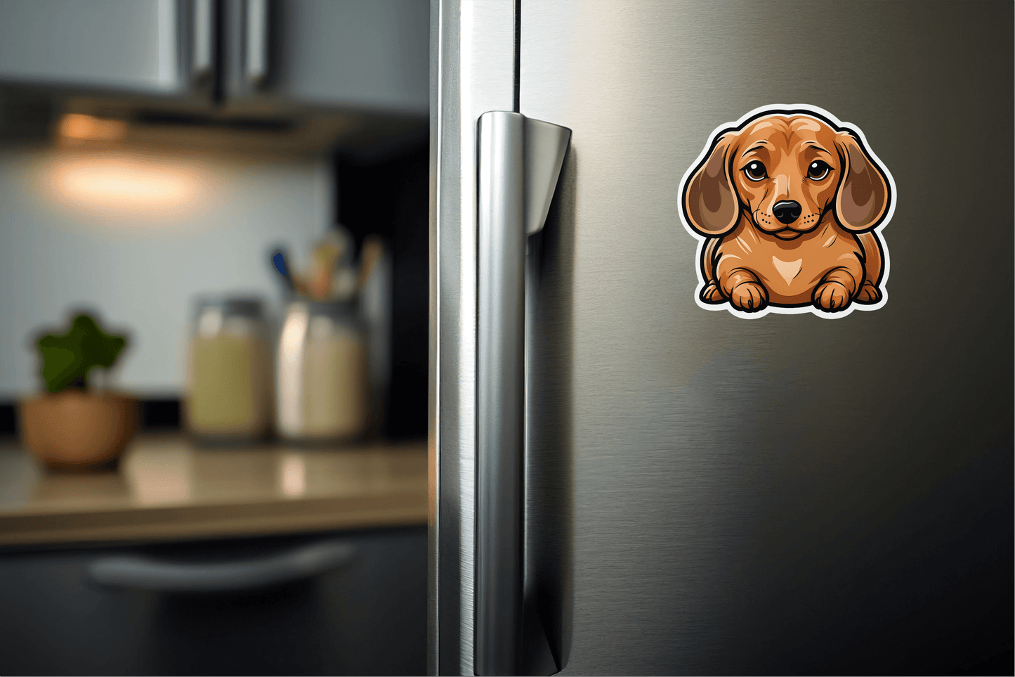 Happy Loaf Dog Vinyl Sticker on refrigerator adding a personalized touch to kitchen decor