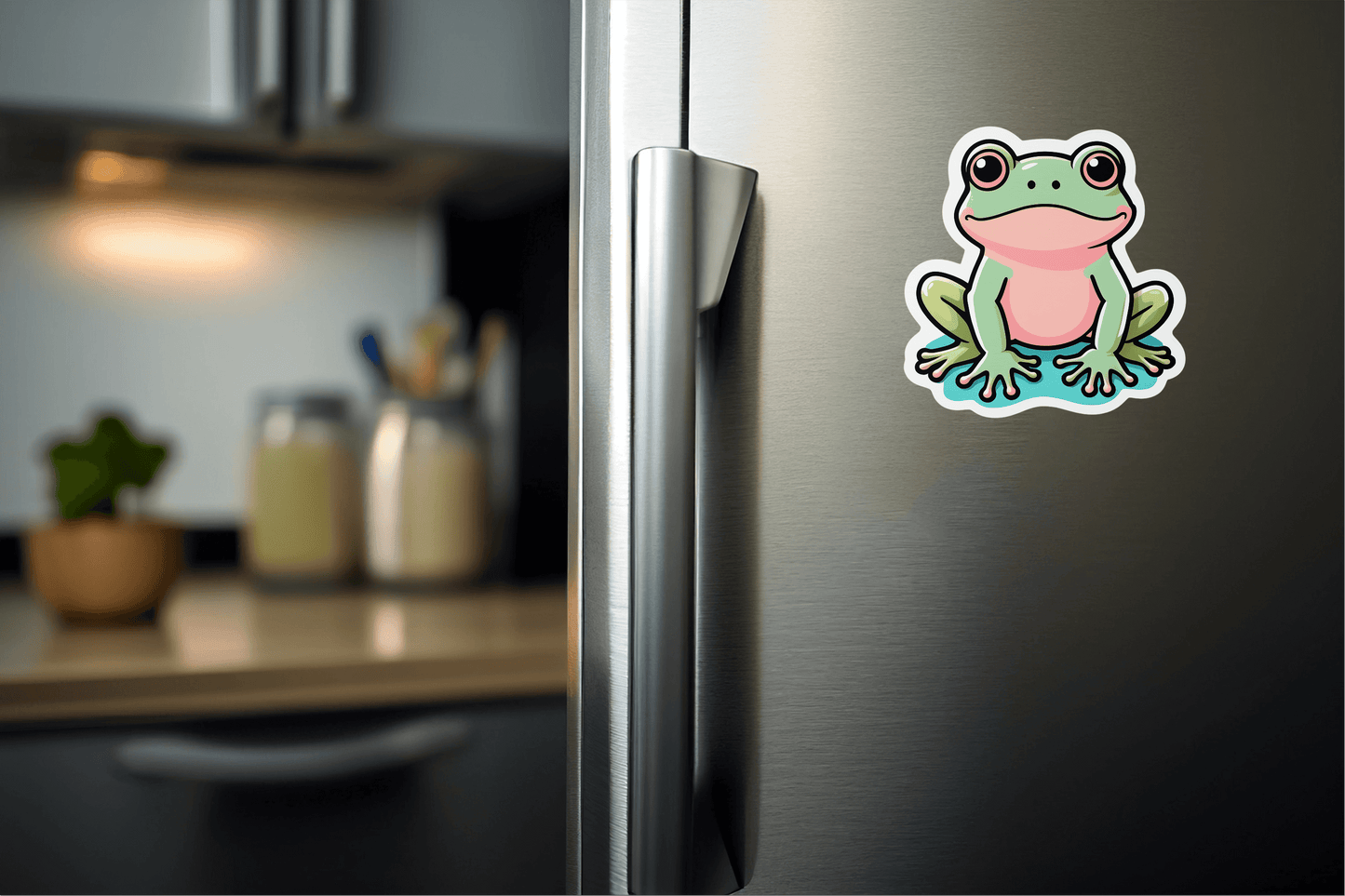 Doodle Espressive Frog Vinyl Sticker on a refrigerator, showcasing a colorful frog design for mood mapping.