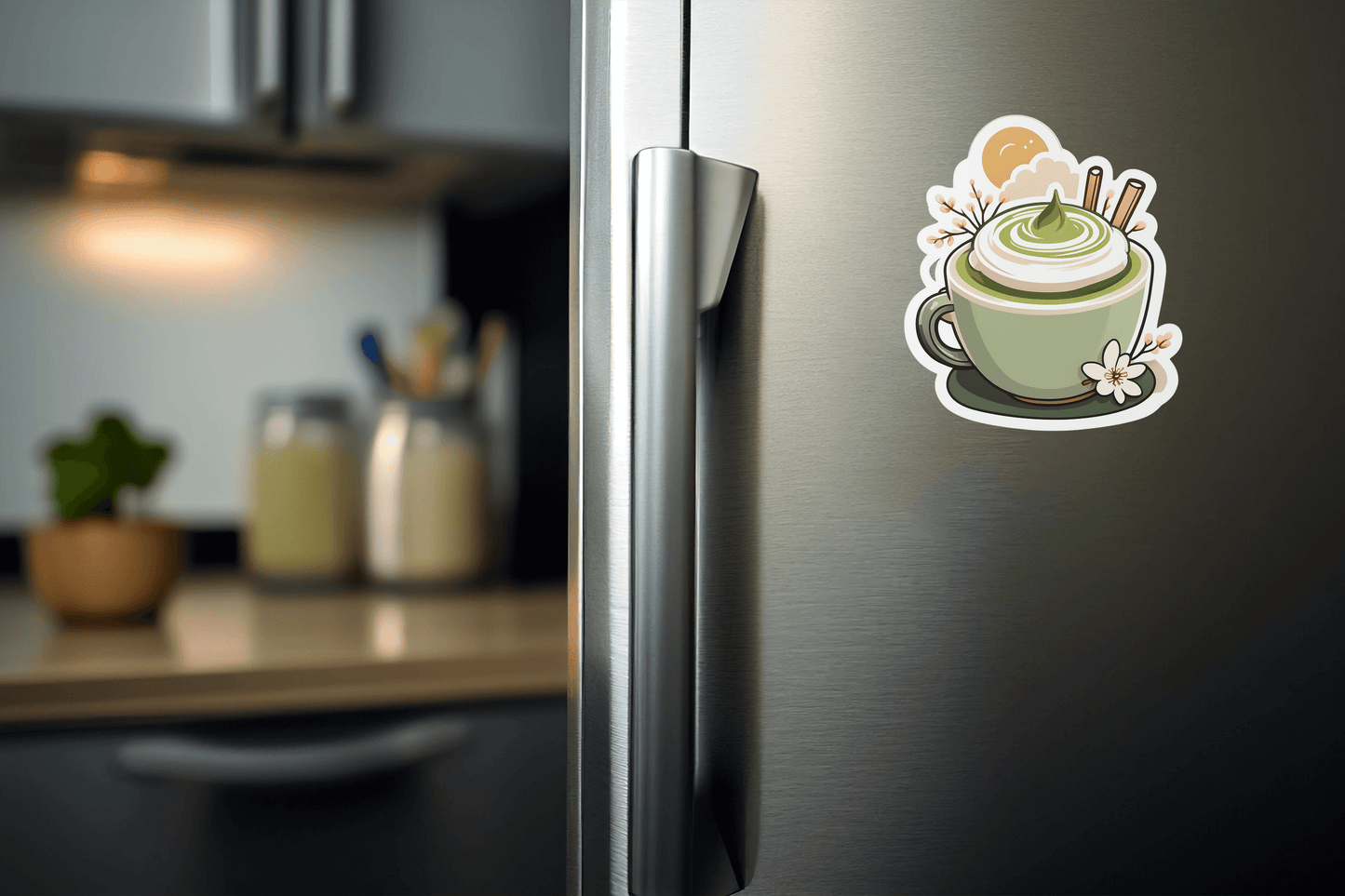 Matcha Vibes & Cozy Reads Vinyl Sticker on a refrigerator door, perfect for adding charm to your kitchen.