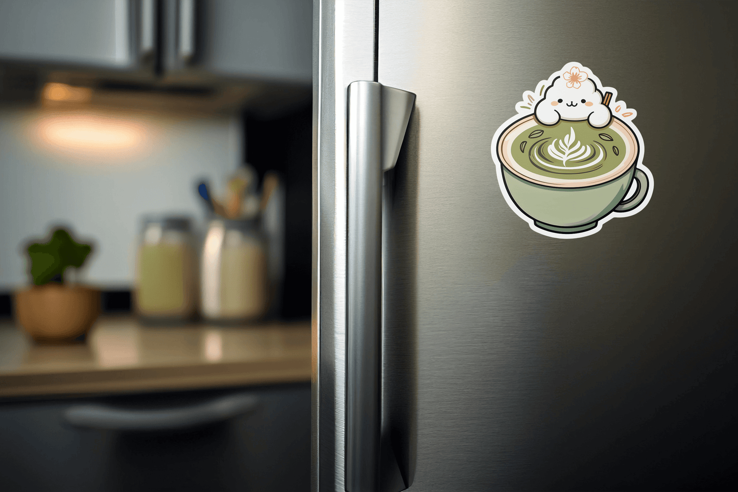 Cute Matcha Morning Aesthetic Vinyl Sticker on a refrigerator, featuring a cute cup of matcha with a smiling character.