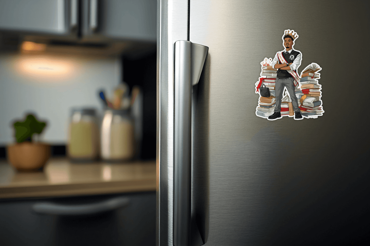 HBCU Campus Royalty sticker on a fridge showcasing a stylish student with books.