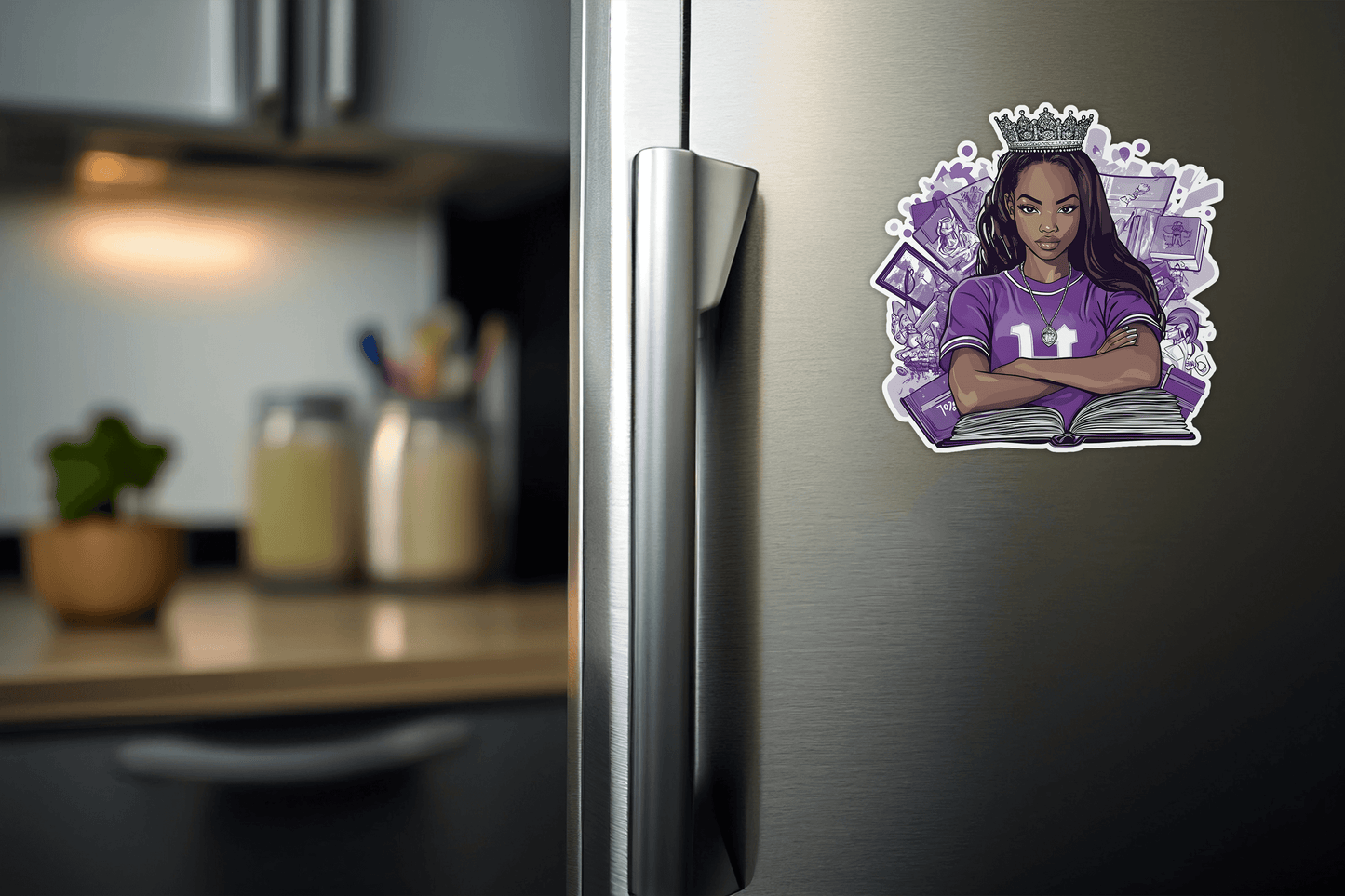 HBCU Campus Royalty sticker on a refrigerator featuring a confident character with a crown and open book.