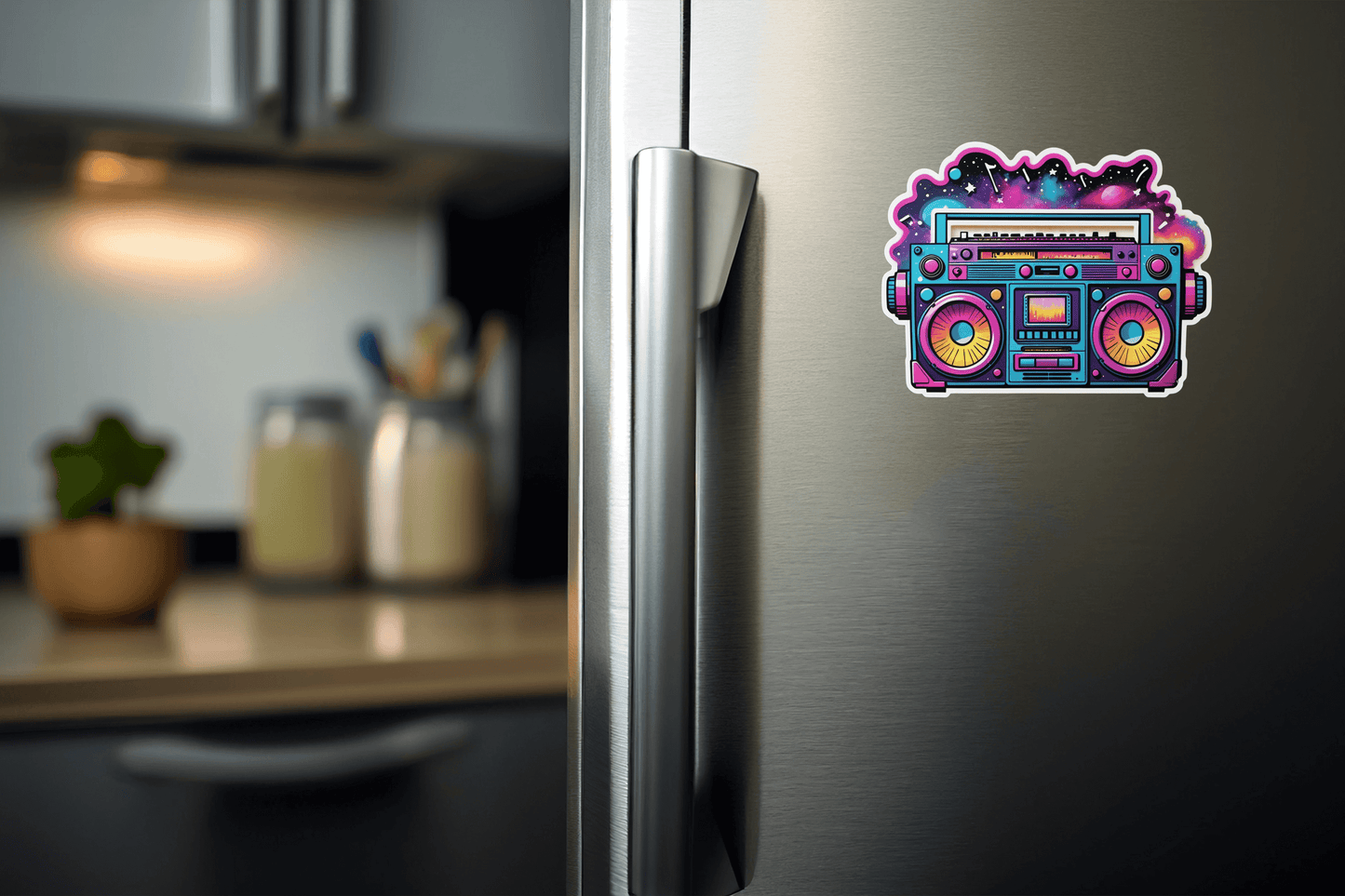 Colorful Galaxy Groove Boombox Sticker on a stainless steel refrigerator, adding personality and style.