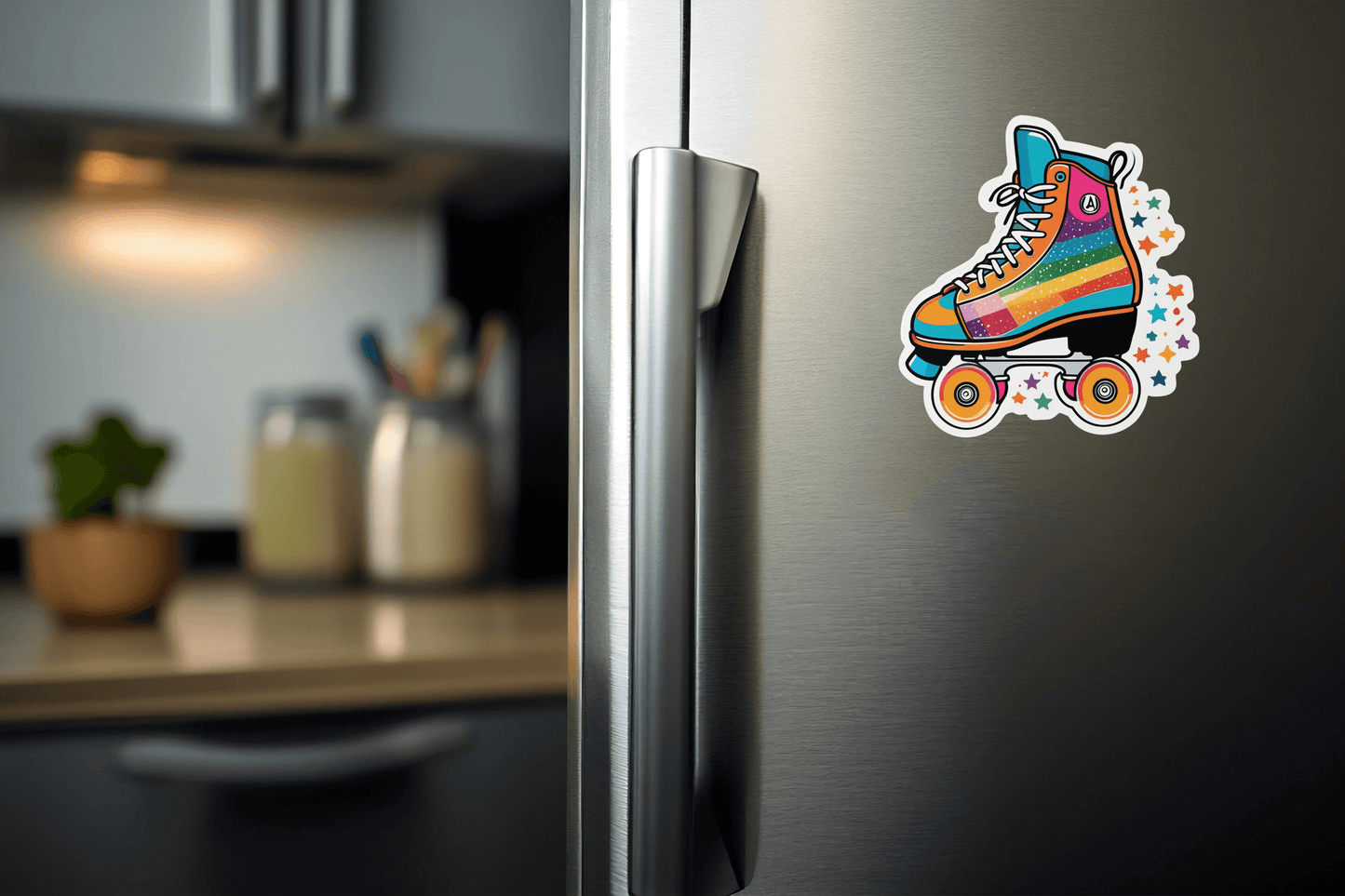 Colorful Groovy Retro Roller Skate Sticker on a silver refrigerator door.