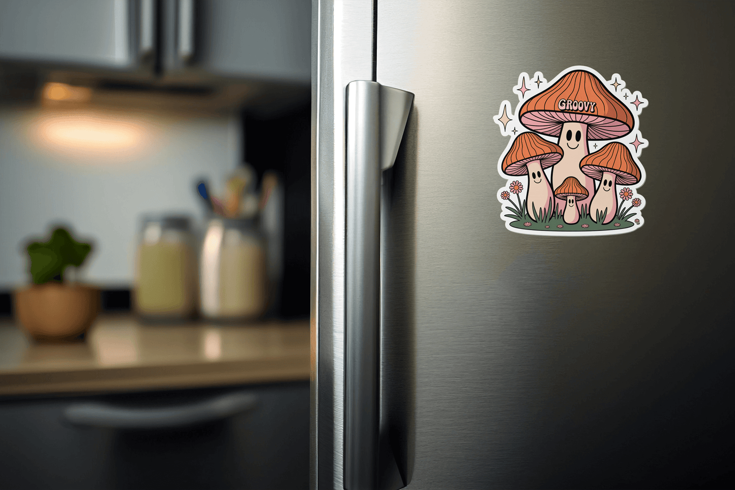 Colorful Groovy Mushroom Vibes Sticker on a refrigerator, adding a fun and artistic touch to home decor.