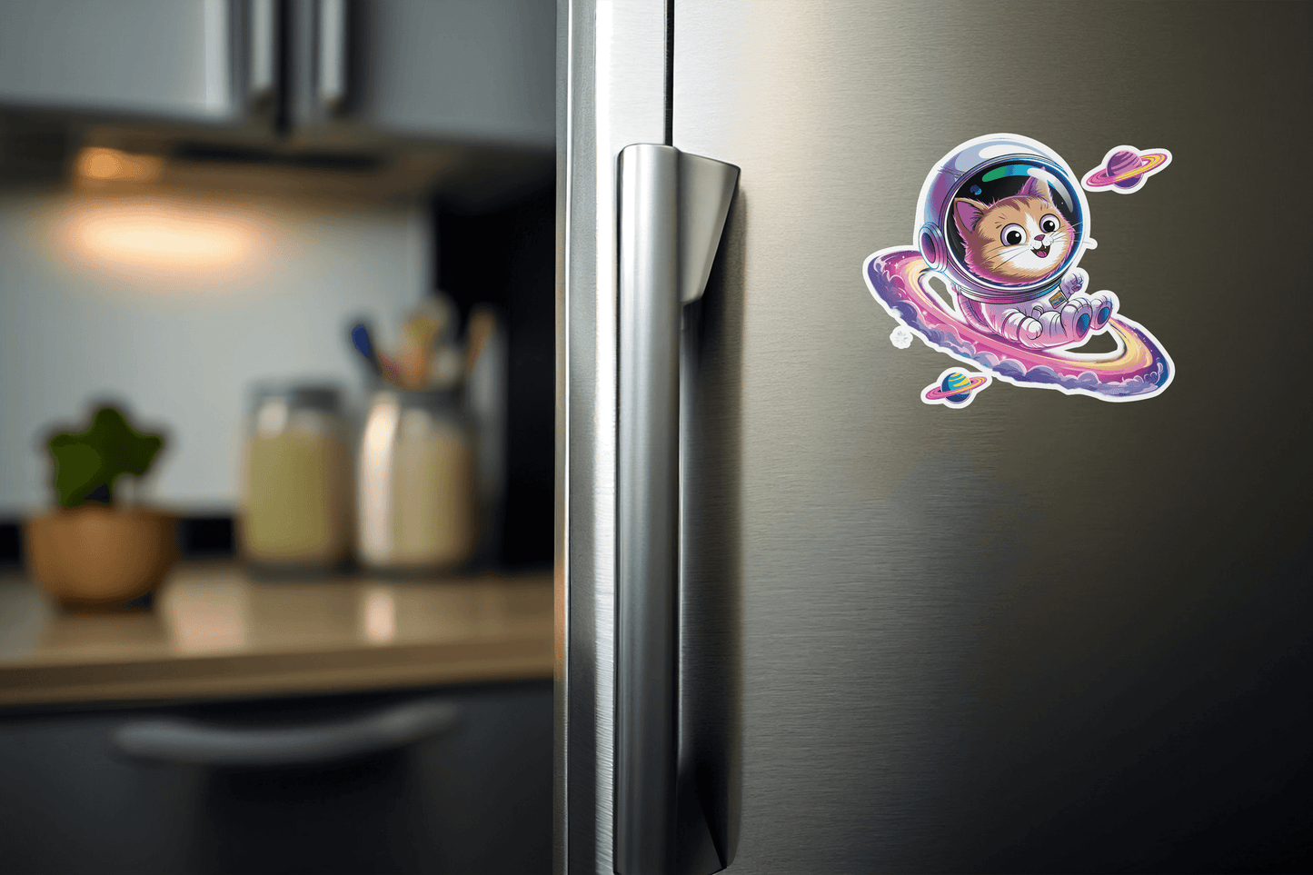 Cosmic Cat Explorer vinyl sticker on a refrigerator, featuring a cute cat in a space suit with colorful planets.