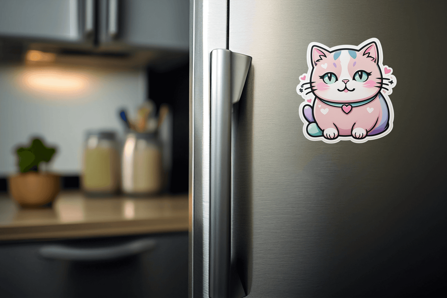 Pastel Dream Kawaii Cat Sticker adorning a stainless steel refrigerator, adding a cute touch to the kitchen.