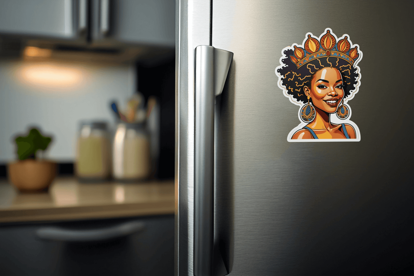 Radiant Afro Queen vinyl sticker on a refrigerator, showcasing HBCU pride and vibrant art.