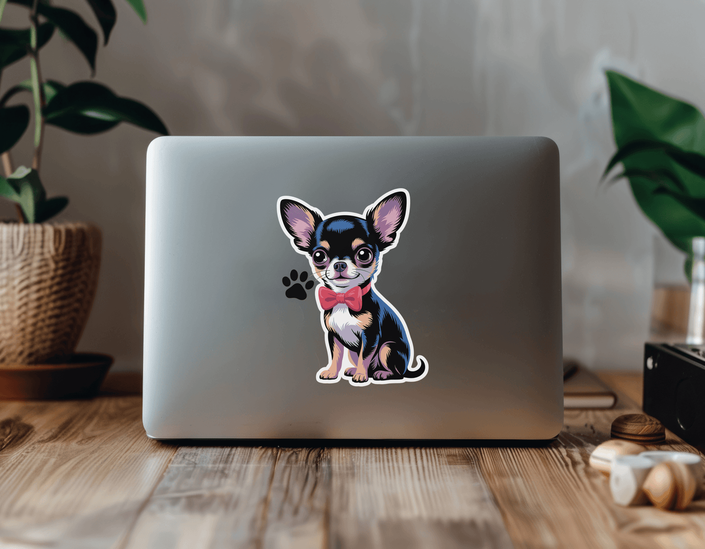 Chihuahua charm sticker on a laptop, featuring a cute dog with a bow tie, adding personality to any surface.