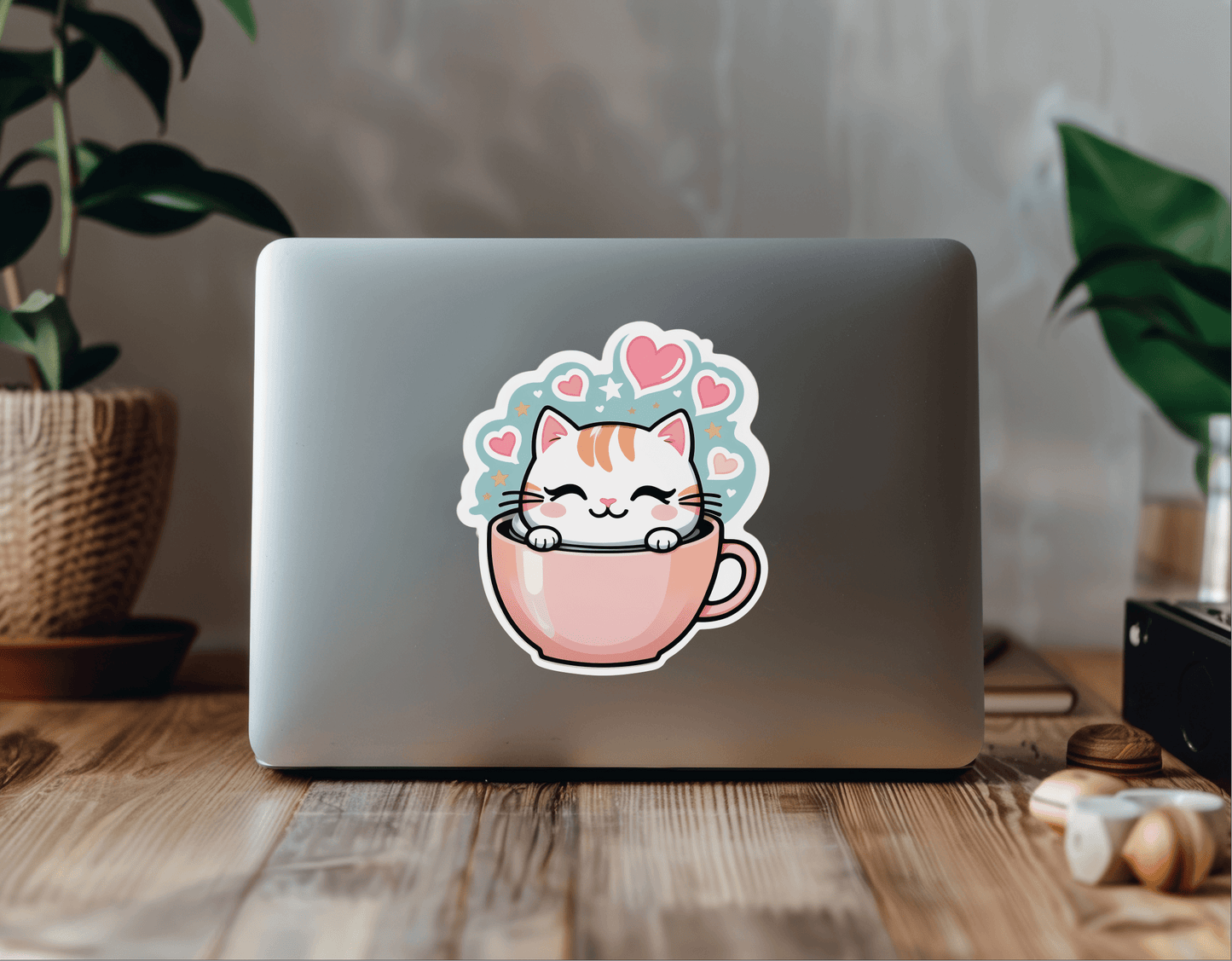 Kawaii Coffee Cat Vinyl Sticker on a laptop, featuring a cute cat in a pink cup surrounded by hearts.