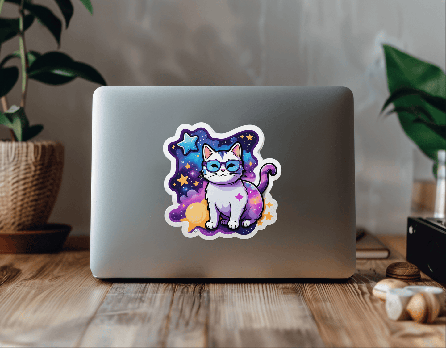 Dream Big Galaxy Cat Vinyl Sticker on a laptop, showcasing colorful design with stars and galaxy theme.