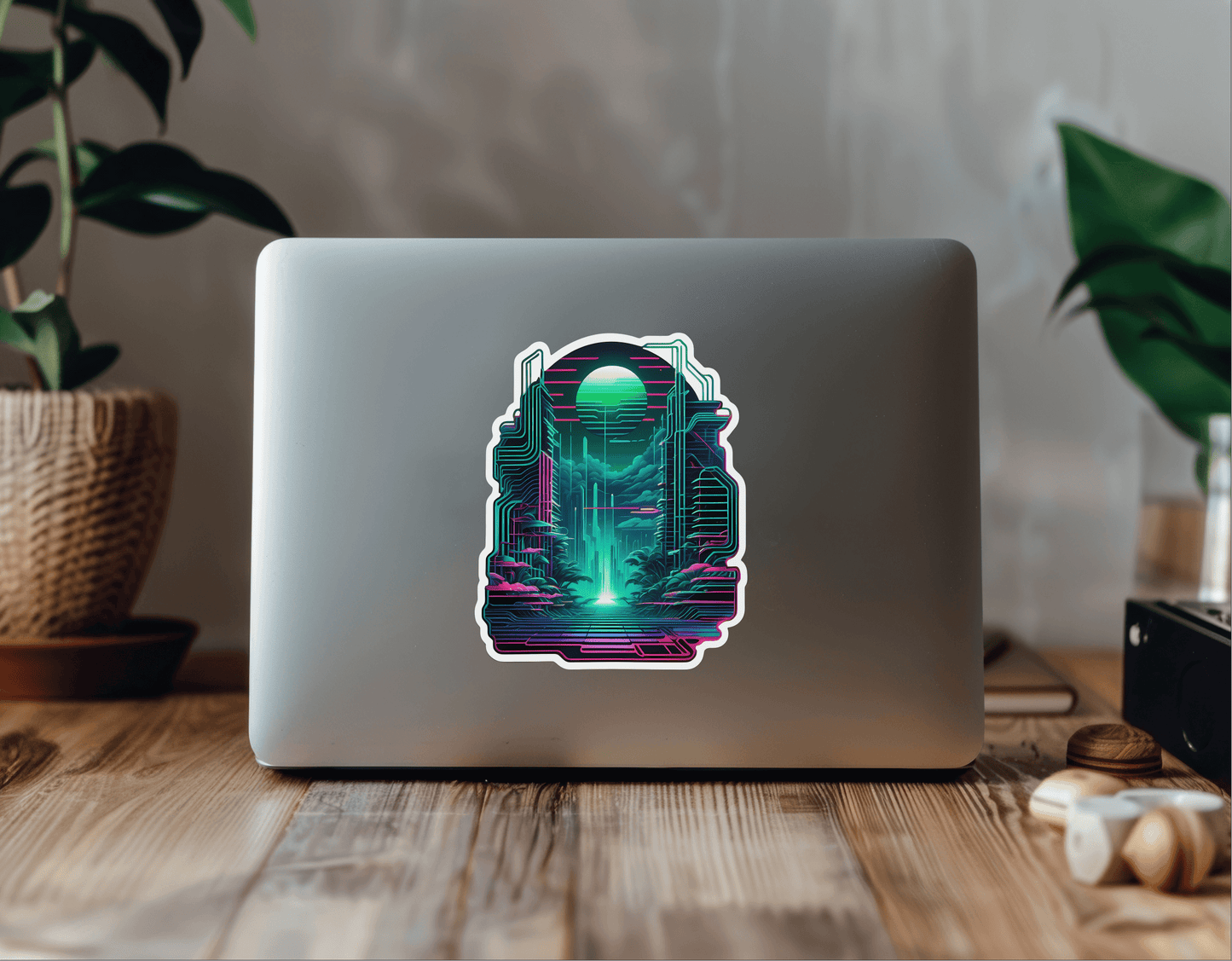 NFT Coded Reality – Glitch Tech Layers Sticker on a laptop showcasing vibrant colors and tech-inspired design.