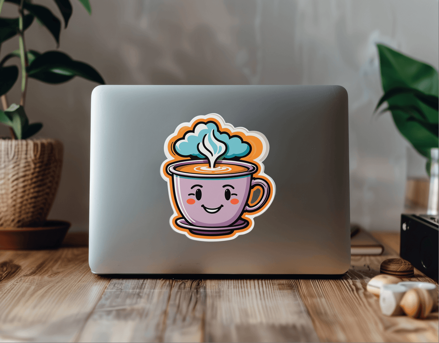 Coffee Vibes Only – Retro Coffee Cup Sticker on laptop, colorful design showcasing coffee cup with steam.