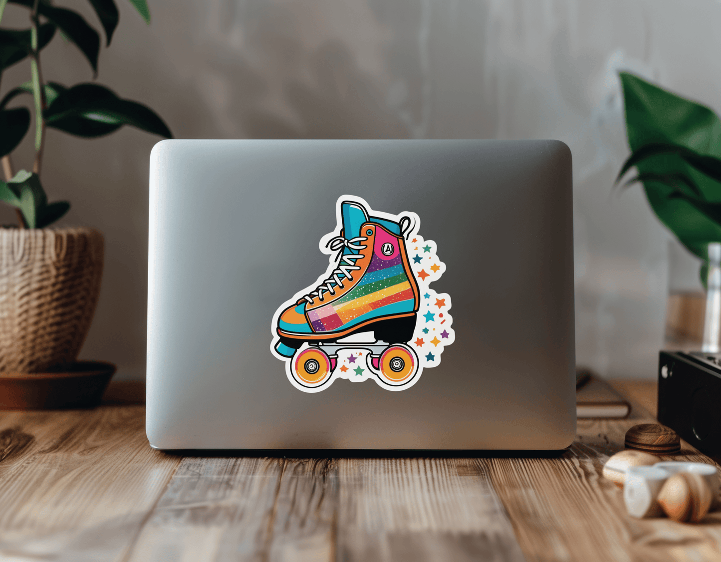 Colorful Groovy Retro Roller Skate Sticker on a laptop, surrounded by plants and warm wooden textures.