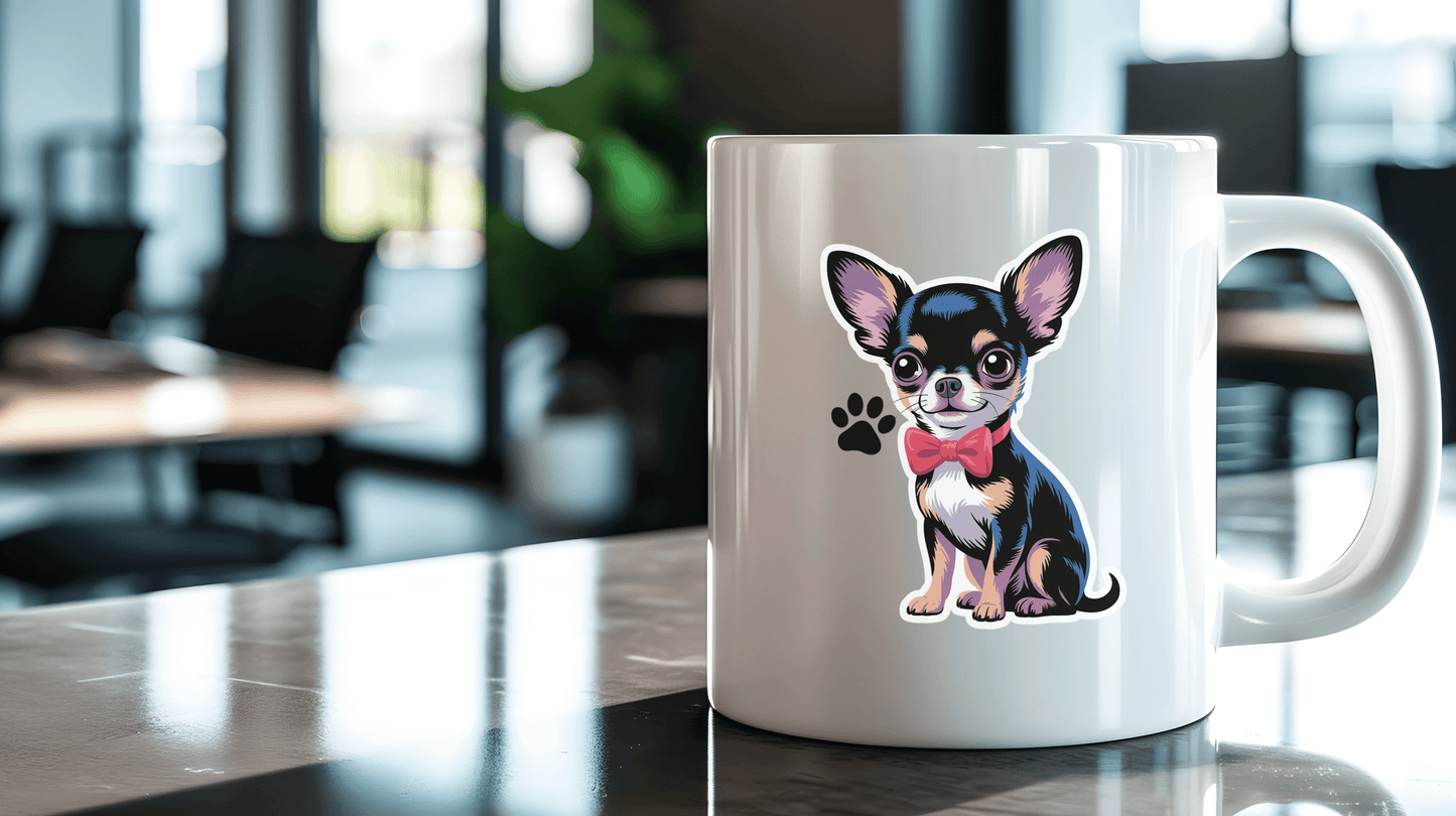 Chihuahua charm sticker on a coffee mug, showcasing a cute Chihuahua with a bow tie in a stylish office setting.