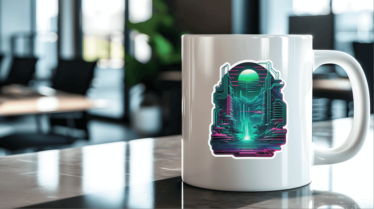 NFT Coded Reality – Glitch Tech Layers Sticker on a white mug in a modern office setting.