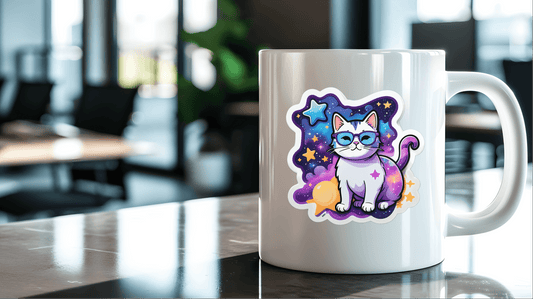 Dream Big Galaxy Cat Vinyl Sticker on a white mug in a modern office setting.