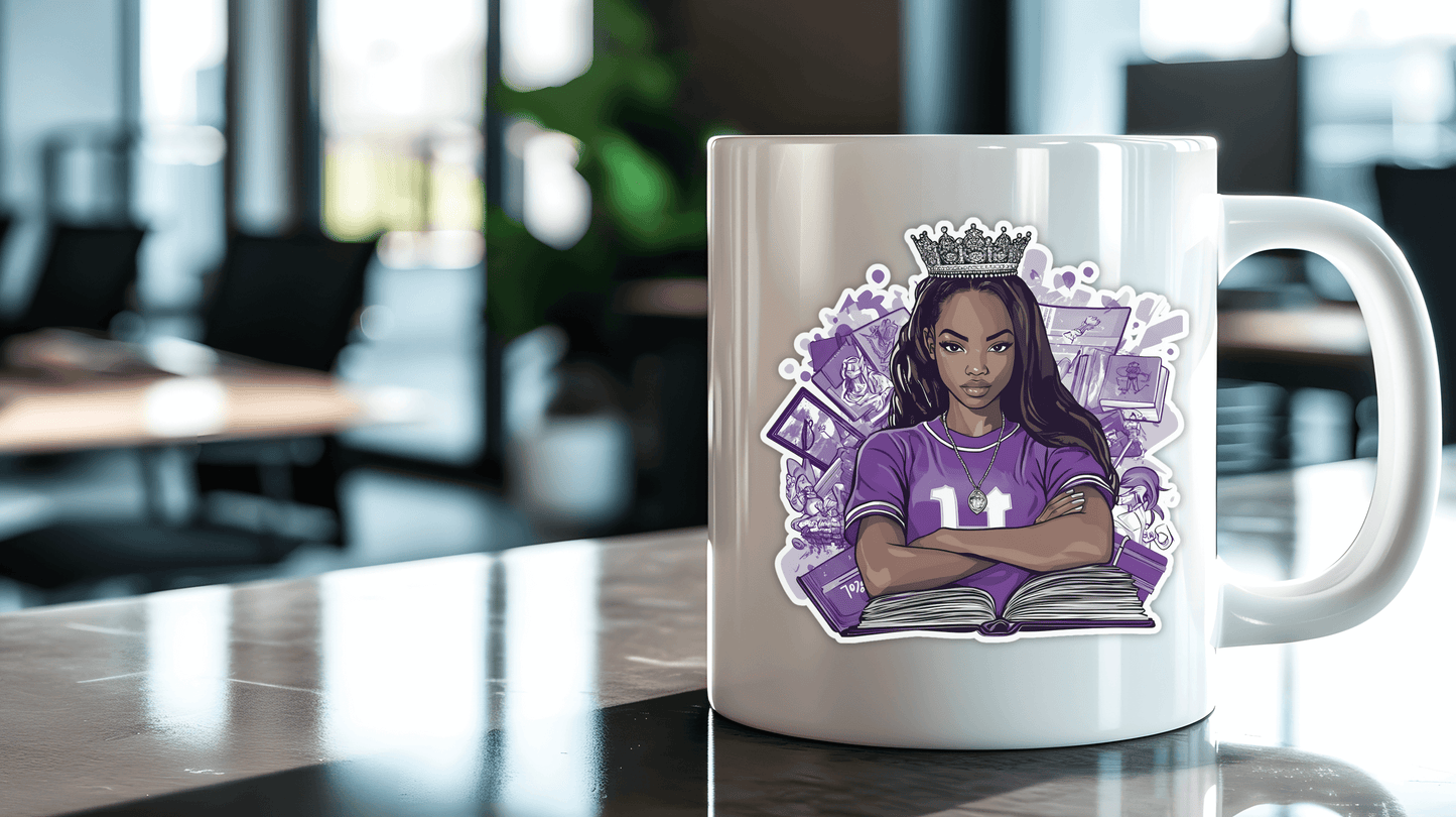 HBCU Campus Royalty sticker on a mug, featuring a confident young woman with a crown and book design.