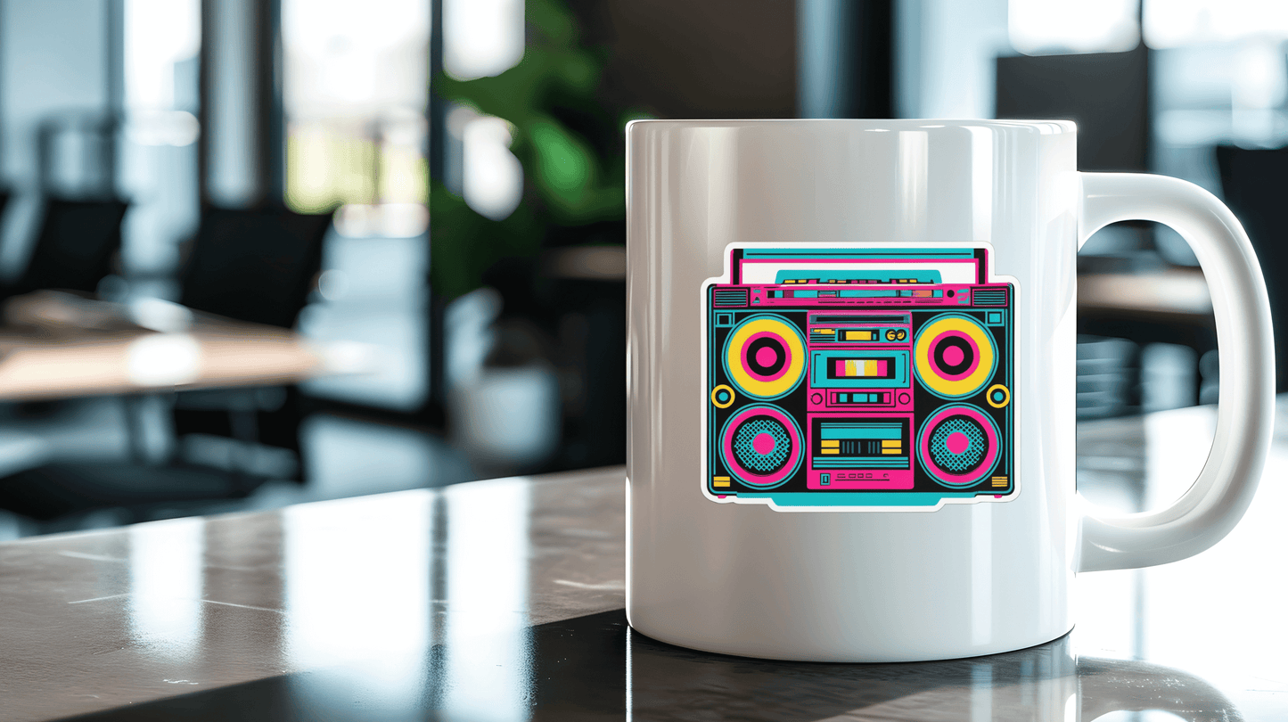 Retro Boombox Vibes vinyl sticker on a white coffee mug in a modern office setting.