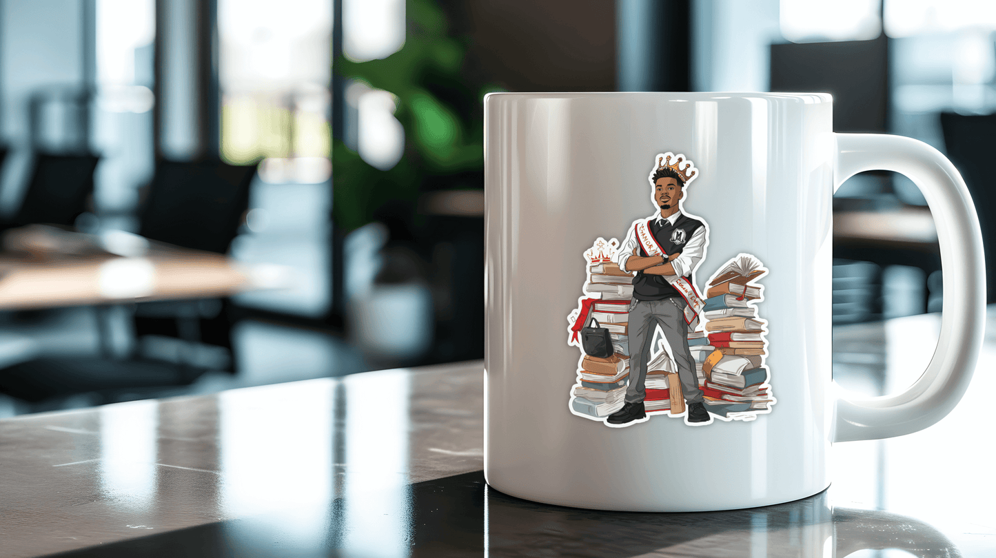 HBCU Campus Royalty sticker on a white mug surrounded by books in a modern workspace.
