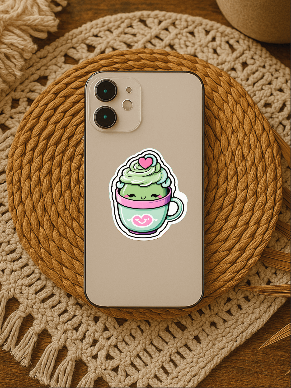 Sassy Matcha Therapy Sticker on a phone case against a textured background, colorful tea cup art design.
