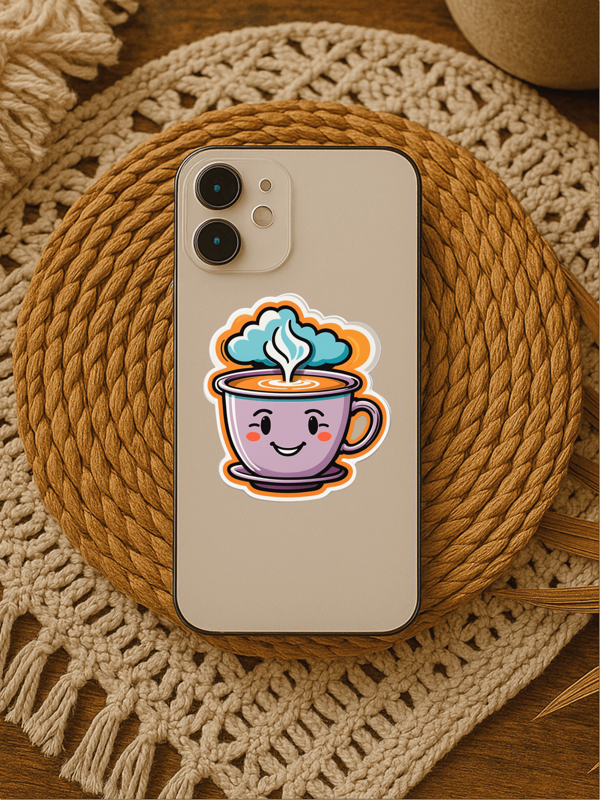 Coffee Vibes Only – Retro Coffee Cup Sticker on phone case, colorful design perfect for decoration.
